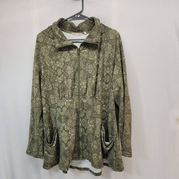 Soft Surroundings Size XL Green Long Sleeve Ruched Front Zip Up Jacket Geometric - Picture 1 of 7